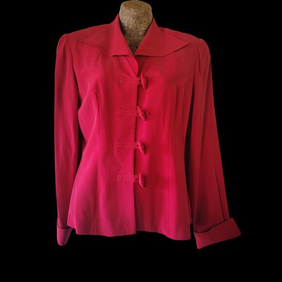 Vtg Silk Red Long-Sleeve Blazer With Knot Button Closures & Wide Collar - Picture 2 of 16